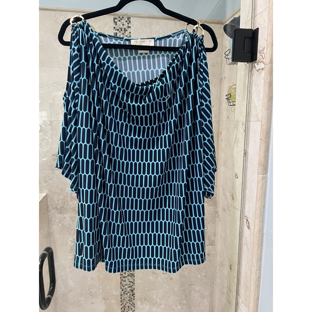 Michael Kors Teal Blue Jersey Cold Shoulder Tunic Blouse Gold Logo Ring 2X